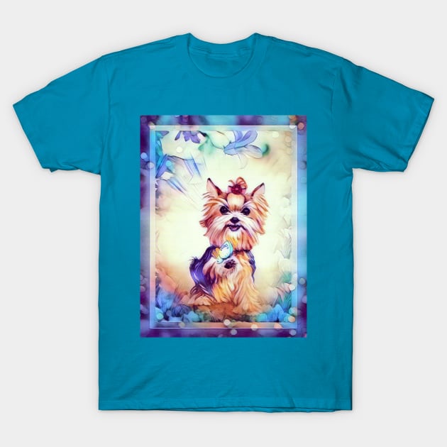 SUMMERTIME YORKIE. Yorkshire Terrier in a field of butterflies and flowers. T-Shirt by chepea2